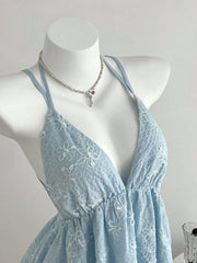 Lunivop  Elamini Women's Blue Textured Floral Deep V-Neck Spaghetti Strap Backless Ruffle Dress, Sexy & Alluring For Beach Vacation In