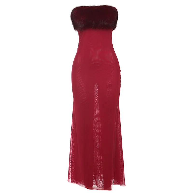 Lunivop Feather Strapless Backless Sexy Maxi Dresses For Women Wine Red Mesh Patchwork Sleeveless Backless Bodycon Club Dress