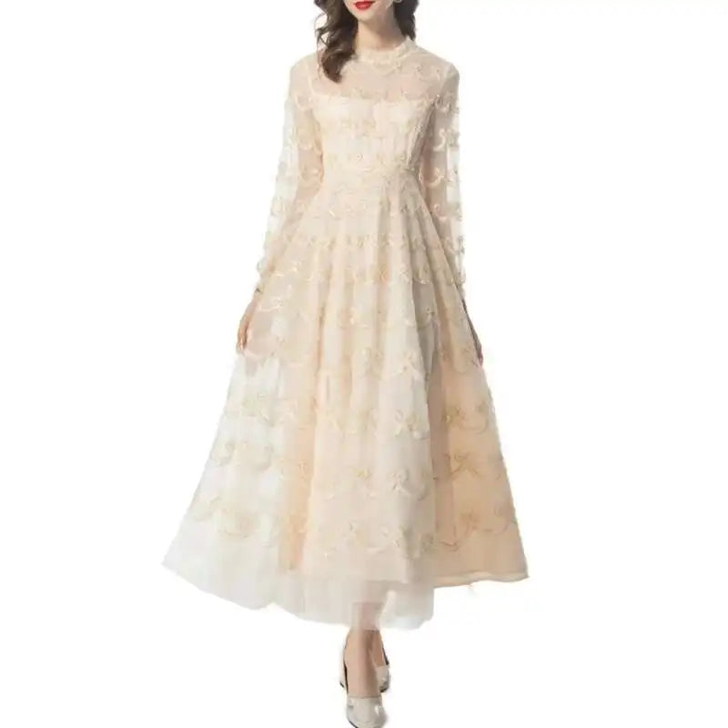 Lunivop Fashion Women's Elegant Dresses Sequins Embroidery Long Sleeve Princess Mesh Dress 2025 Spring New Female Clothing