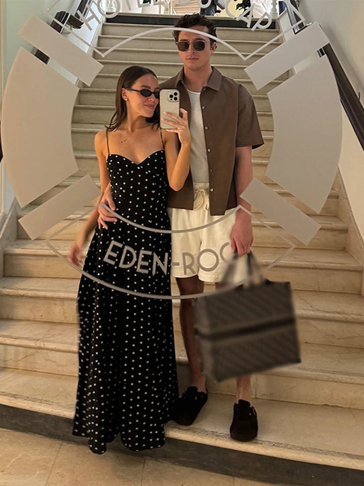 Lunivop Sexy Polka Dot Print Sling Long Dress Women Elegant V-neck Sleeveless Backless Female Party Dresses Summer Lady Streetwear