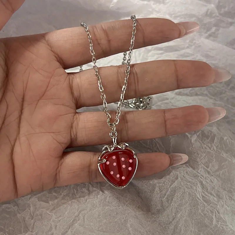 Lunivop Simple Red Glass Cross Cherry Strawberry Heart Pendant Necklace for Women Stainless Steel Jewelry Accessories