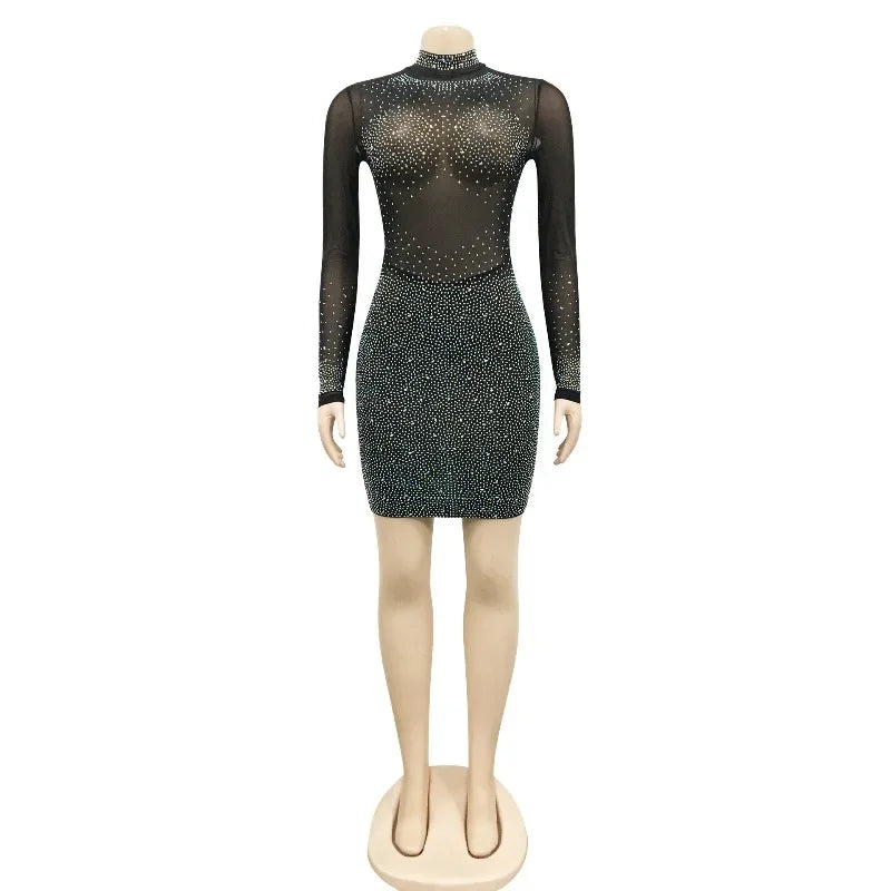 Lunivop  See Through Mesh Diamonds Bodycon Mini Party Dress Women Mock Neck Full Sleeve Hipster Night Clubwear Birthday Evening Gown