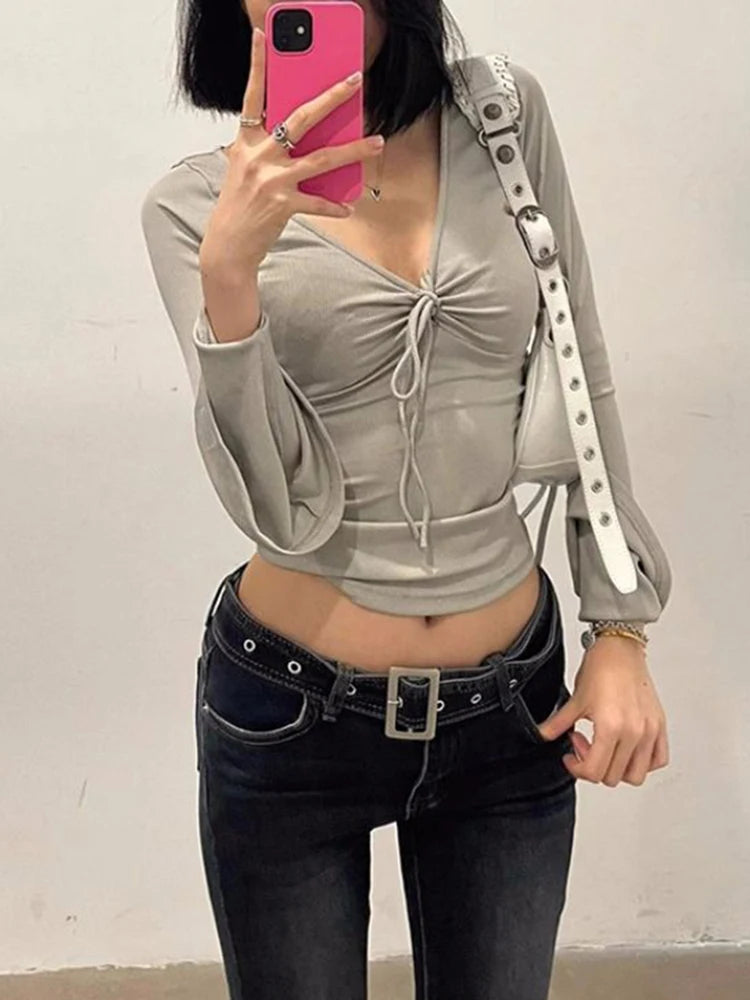 Lunivop Long Sleeve T-shirts Y2K Women Tops V-neck Bandage Sexy Bottoming Tees Slim Fit Autumn Winter Elastic T-Shirt Female Clothing