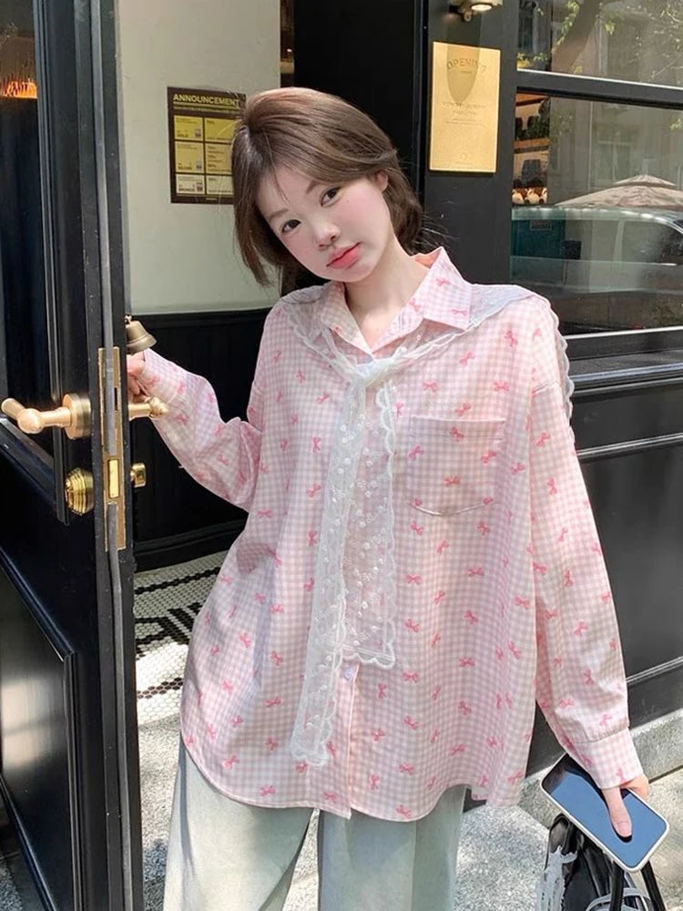 Lunivop Bow Print Plaid Shirts Women Casual Sweet Lace Shawl Long Sleeve Blouse Korean Fashion Loose Preppy Style Cute Chic Tops