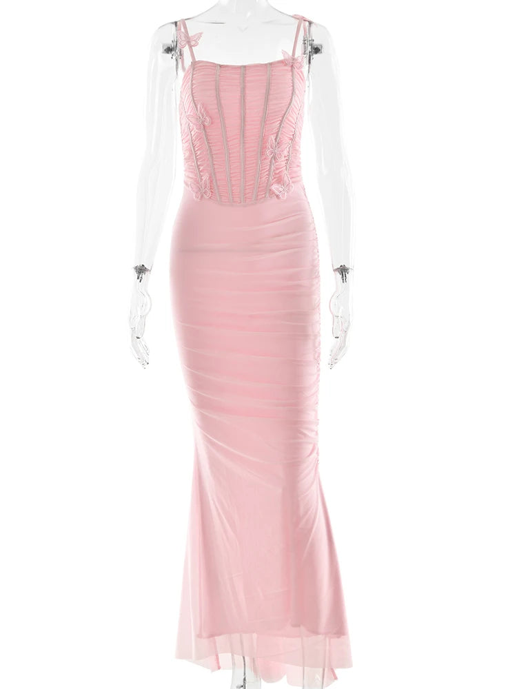 Lunivop Sexy Backless Butterfly Ruched Women Maxi Dress Pink Spaghetti Strap Evening Dress Summer Skinny Vacation Party Clubwear