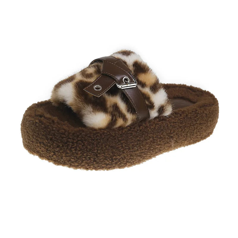Lunivop Women Leopard Fur Cotton Slippers Platform Flats Casual Home Shoes 2025 New Fashion Buckle Cozy Slippers Winter Zapatos De Mujer
