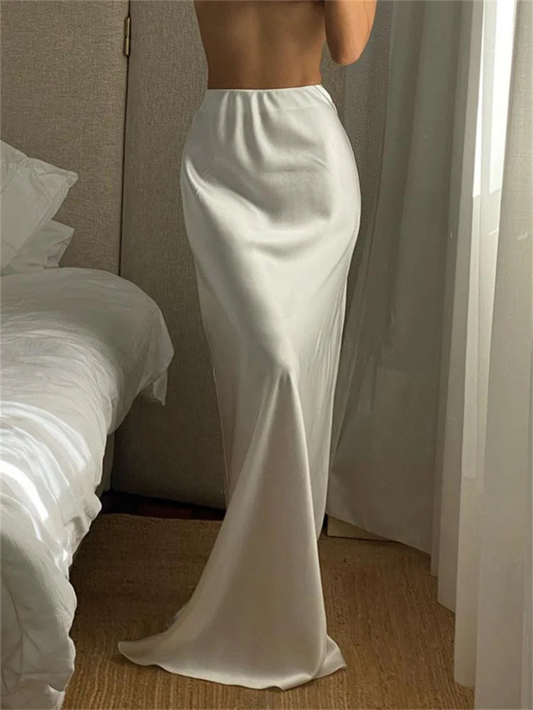 Lunivop  White Satin High Waist Long Skirt For Women Zipper Side Split Slim Elegant Party Maxi Skirt Y2k Outfit Female Long Skirt