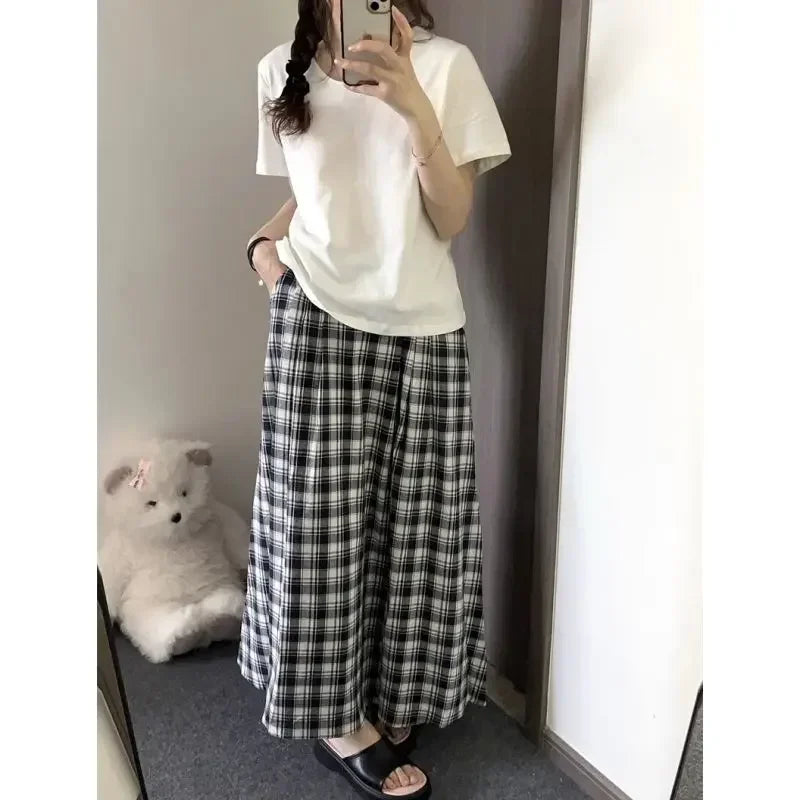 Lunivop Plaid Long Skirt Women Vintage Ruffle Kawaii Midi Skirt Preppy Style Korean Fashion Loose Casual A-line Retro Skirts