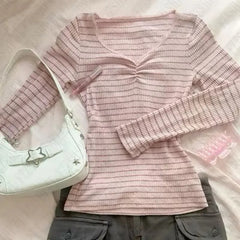 Lunivop  Women's Off-Shoulder Striped Long Sleeve Blouse V Neck Loose Fit Casual Teal Blue Long Sleeve T-Shirt Women's Long Sleeved Top