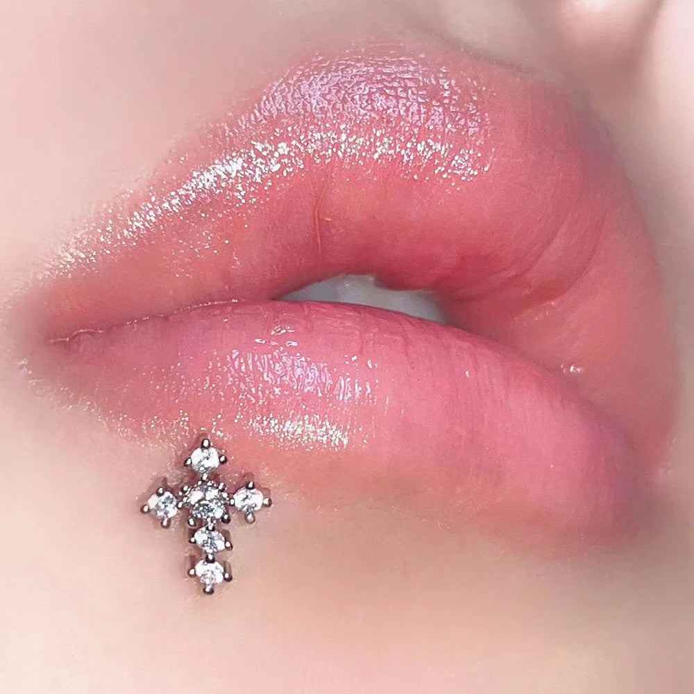 Lunivop 1pc Shiny Zircon Cross Lip Stud Stainless Steel Punk Cool Style Labret Piercing Silver Color Ear Accessories Ins Fashion Jewelry