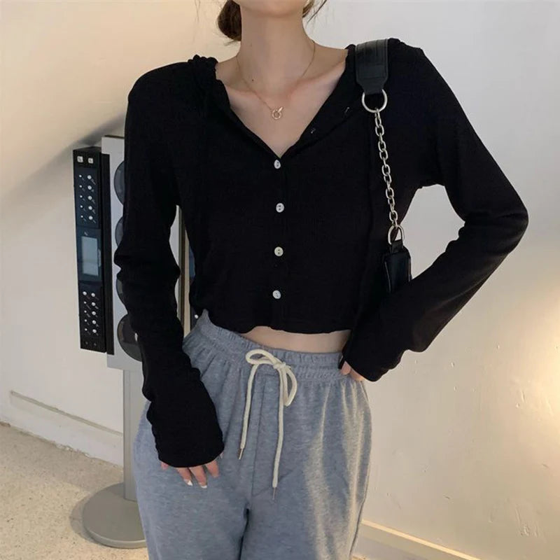 Lunivop Rimocy Summer Knitted Hooded Cardigan Women Korean Streetwear Single Breasted Crop Tops Woman Solid Long Sleeve Knitwear Top