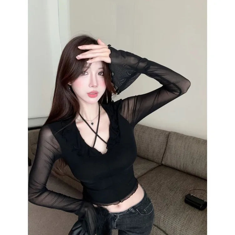 Lunivop  Vintage Ruffles Mesh V-neck Black T-shirt for Women 2025 Summer New Slim Fit Tops Mujer Y2k Slim Fit Long Sleeve Tee Shirt