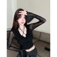 Lunivop  Vintage Ruffles Mesh V-neck Black T-shirt for Women 2025 Summer New Slim Fit Tops Mujer Y2k Slim Fit Long Sleeve Tee Shirt