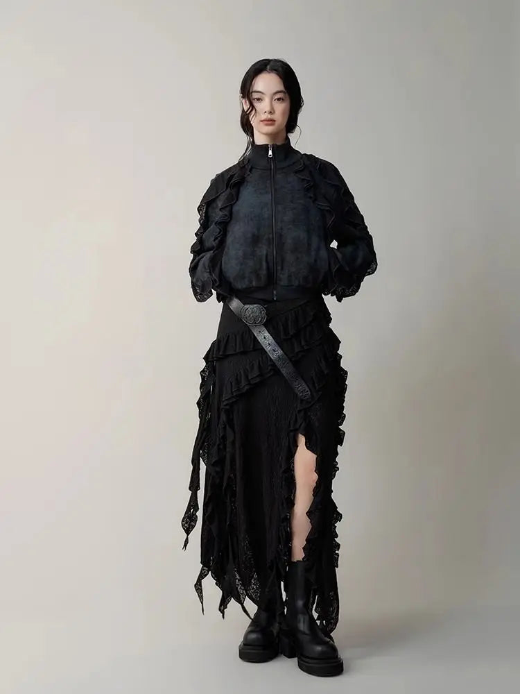 Lunivop Gothic Black Y2k Skirts Women Gyaru 2000s Lace Irregular Long White Skirt Streetwear Irregular Ruffle Skirts Aesthetic