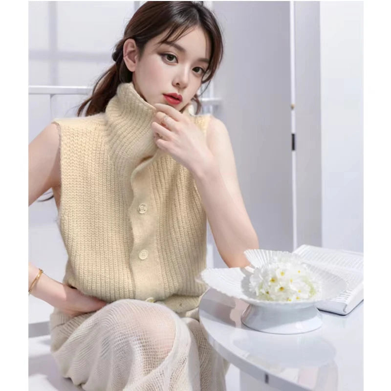 Lunivop Button Up Sweater Vest for Women Soft Comfy High Neck Sleeveless Knit Vest Slouchy Knitwear Female Autumn Winter Casual Outfit