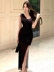 Lunivop  Sexy Dresses Women Strapless Sequins Patchwork Elegant Split Backless Vintage Elegant Party Dress Female Cocktail