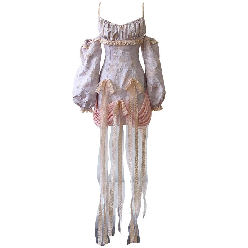 Lunivop  New Item Lace Patchwork Fashion Suspender Women's Dress Strapless Collar Female Party Long Dresses Bow Ribbon