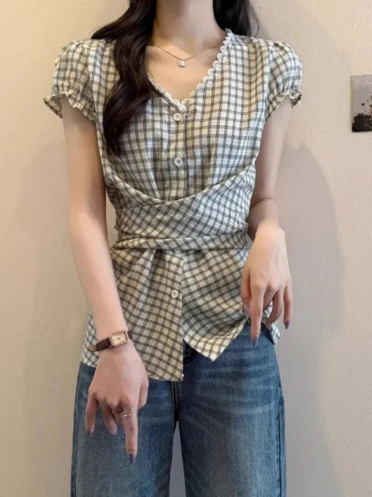 Lunivop Plaid Vintage Blouse Women V Neck Slim Design Back Bandage Shirt Korean Retro Lace Patchwork Casual Summer Bow Sweet Tops