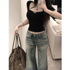 Lunivop  Women's Vintage Blue Denim Trousers Streetwear Y2K Low-Waisted Loose-Fit Jeans Female All-Match Casual Straight-Leg Long Pants