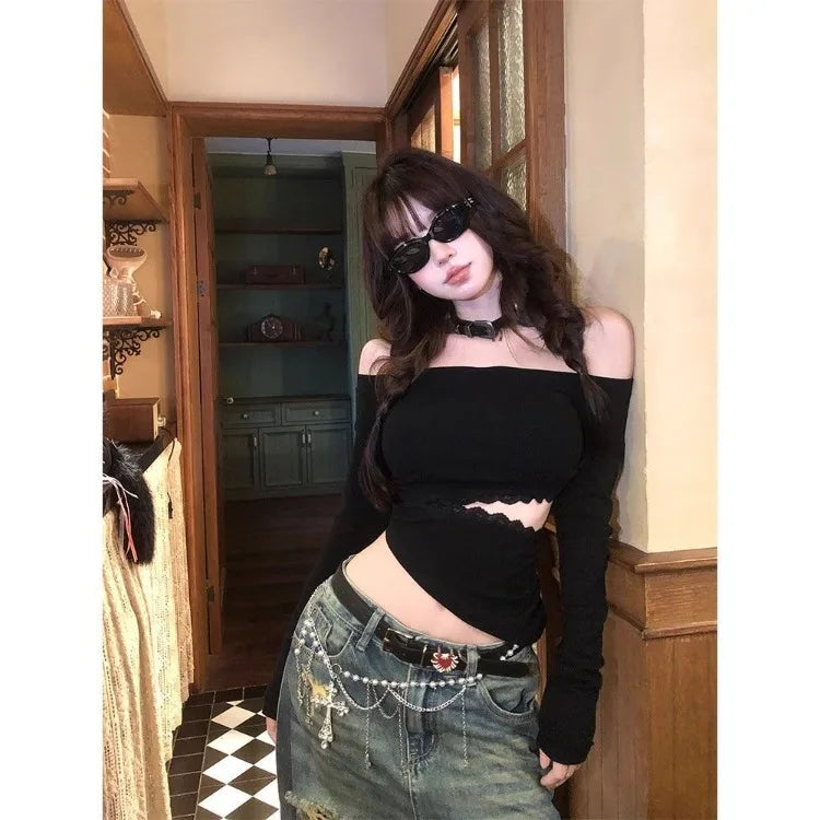 Lunivop  Off Shoulder Long Sleeve All-match Tee Shirt Y2k Slim Waist Hollow Out T-shirt Spring Autumn New Slim Fit Top for Women