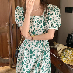 Lunivop  Elegant Chic Square Collar Floral Tie Waist Slimming Bubble Sleeve Mid-Length Dress Women's Fashion Commute Style Short Sleeve
