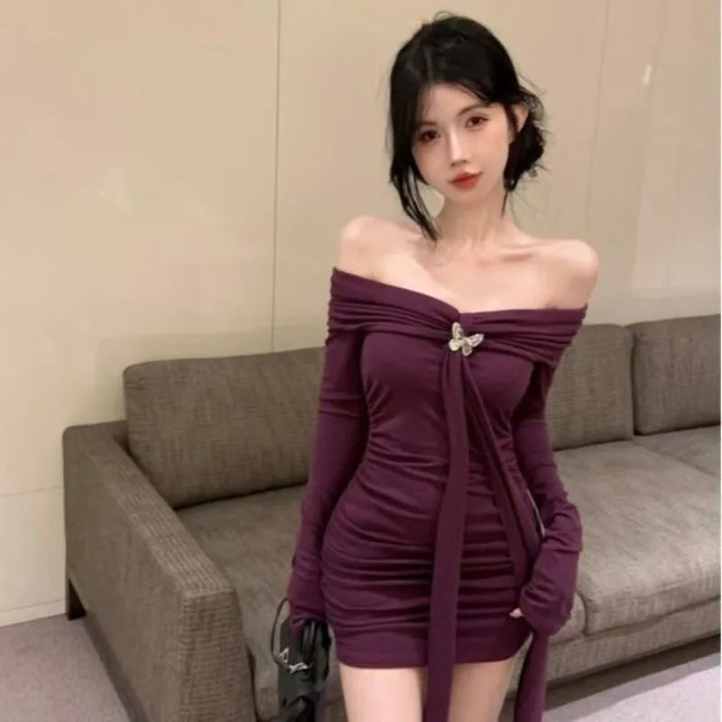 Lunivop  Y2k Sexy Off Shoulder Halter Dresses Spring Summer New Long Sleeve Vestidos De Mujer Slim Waist Bodycon Dress for Women