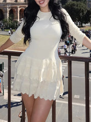 Lunivop  Women Solid Knit Ruffle Tiered Mini Dress  Solid Color Full Sleeve Crew Neck A-line Slim Fit Dresses Lady Street Vestidos