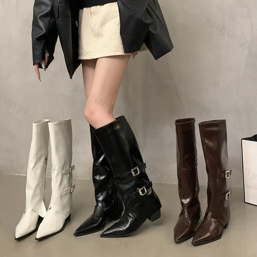 Lunivop Retro Style Women Knee High Boots New 2025 Fashion Belt Buckle Shoe Autumn Winter Wedges Heel Women Non-slip Knight Long Booties