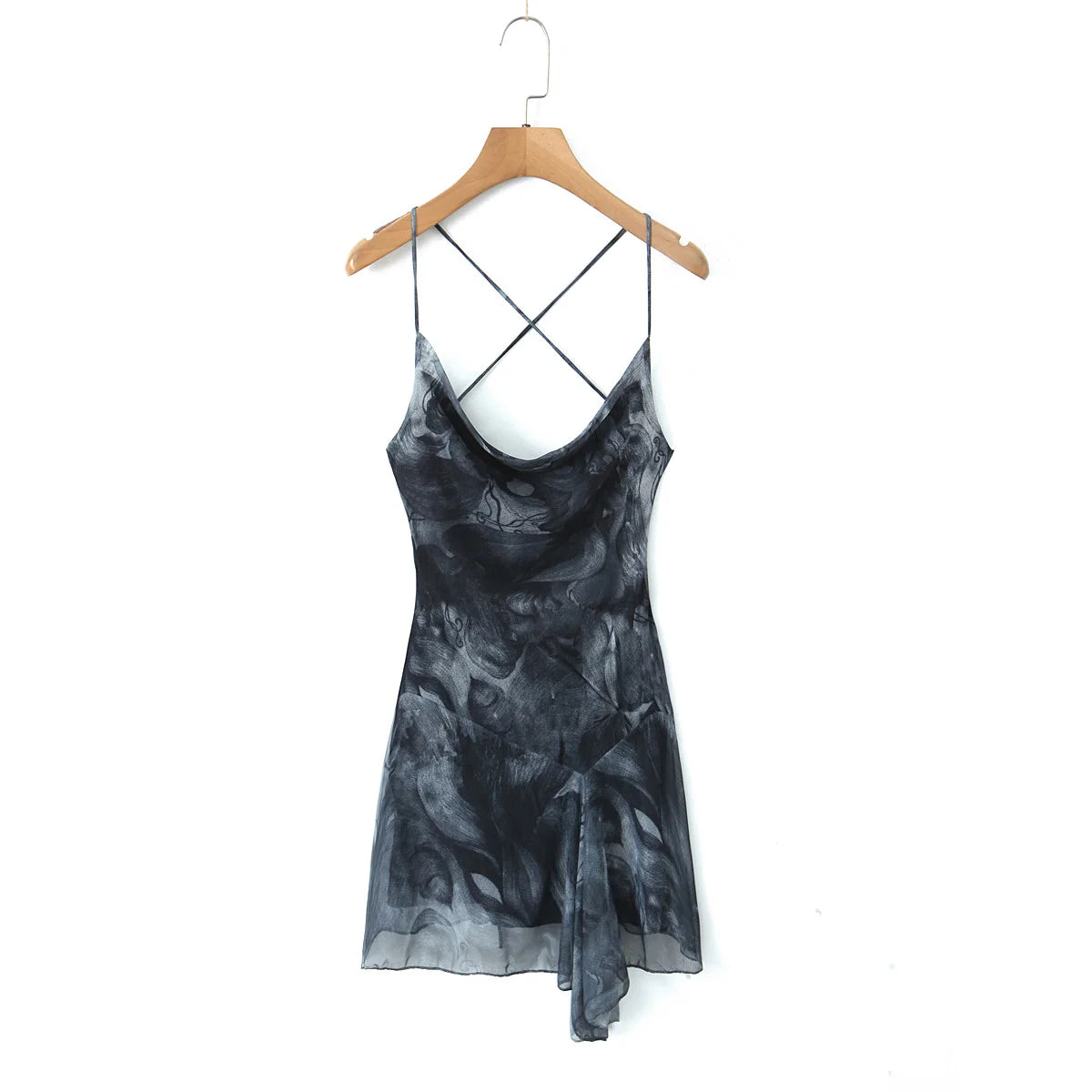 Lunivop  Sexy Gray Black Tie-dye Print Irregular Mesh Sling Dress Women Corset Style Cross Lacing Up Bandage Back Backless Robe
