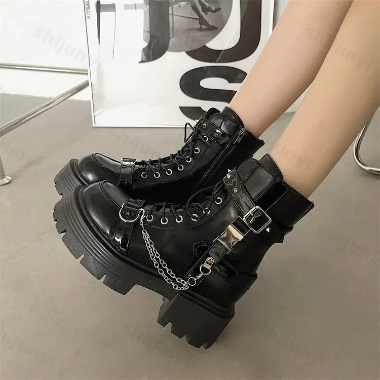 Lunivop Platform Thick Gothic Boots Lady Buckle Autumn Shoes Women Wedges Ankle Boots Punk Street Cosplay Botas Motorcycle Chain Booties