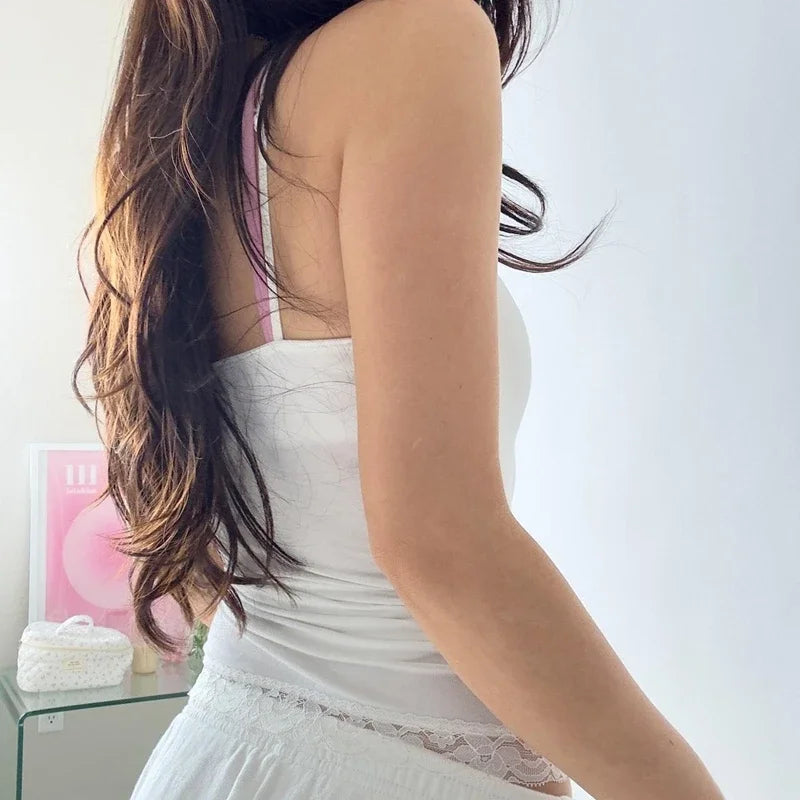 Lunivop Fairy-Women's Sleeveless Crop Tops, White Bow Lace Trim Camis, Vintage, Kawaii, Slim Fit Tank Tops, Y2K Coquette, 00s