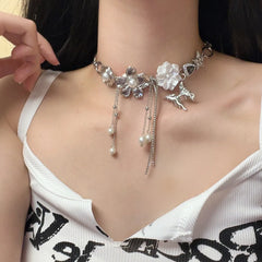 Lunivop New Romantic Elegant Flower Tassel Necklace Metal Butterfly Vintage Pearl Choker Fashion Unisex Jewelry for Women