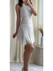 Lunivop  Women Sexy Lace Mini Halter Dress Chic Solid Sleeveless Backless Sequin A-line Slim Fit Dresses New Ladies Party Vestidos