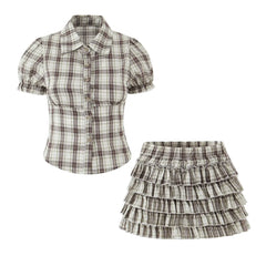 Lunivop  2 Pieces 1 Set Summer Gingham Plaid Short Puff Sleeve Shirt Tank Top + Elastic Waist Tier Cascade Wood ears Ruffles Mini Skirt