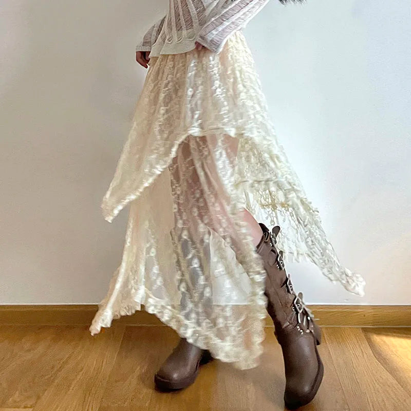 Lunivop Lace Vintage Long Skirts Irregular Holiday Y2k Skirts for Women Boho Tulle Elegant See Through Midi Skirt High Waist