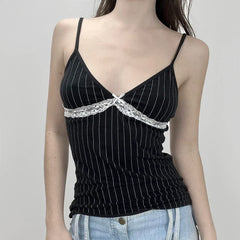 Lunivop  Casual Striped Print Camis Women Summer Y2k Lace Patchwork Sleeveless Crop Top Vintage 2000s Clothing Ladies Harajuku Tee