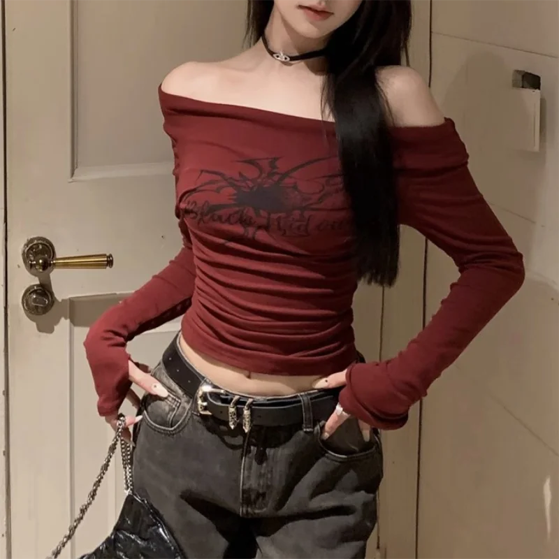 Lunivop Gothic Print Grunge T Shirt Women Long Sleeve Off Shoulder Y2k Vintage Tops Streetwear Korean Style Crop Top Autumn Winter