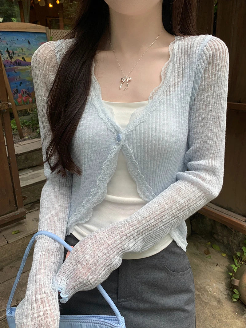 Lunivop Lace Trim One Button Long Sleeve Crop Top Women Short Sleeve Open Front Ribbed Knit Cardigan Sweater Summer Fairycore Outfit