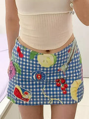 Lunivop  Kawaii Fruit Printed Blue Half Skirt American Style Sweetheart Checkered Short Skirt Cute Y2k Girl Fashion A-line Skirt