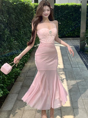 Lunivop  Pink Mesh Embroidery Chic Diamon Luxury Dress Women Elegant Neck-mounted Long Dress Summer Korean Bodycon One Piece Dresses