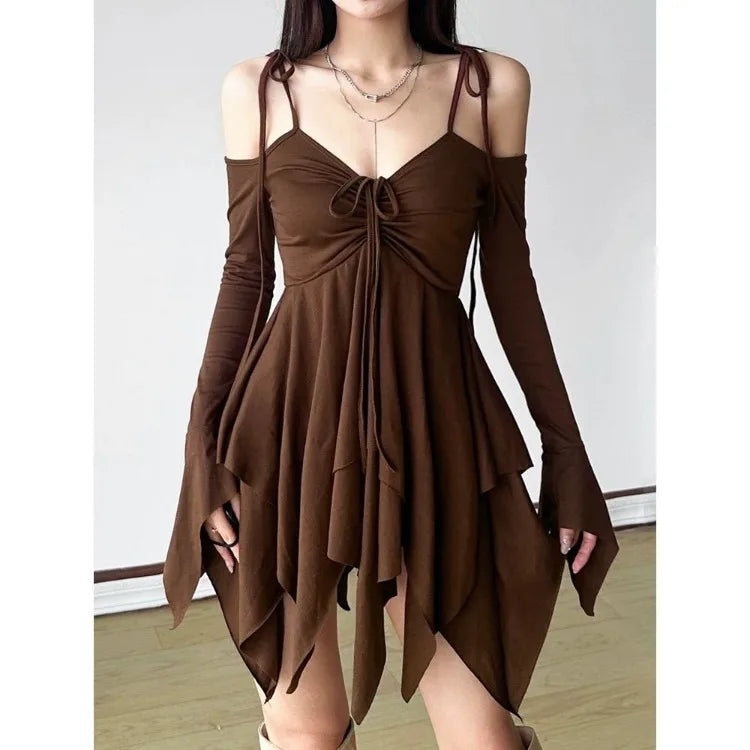 Lunivop  Oversize Irregular Camisole Dresses Slim Waist Ruched Dress for Women 2025 Summer New Off Shoulder Long Sleeve vestidos mujer