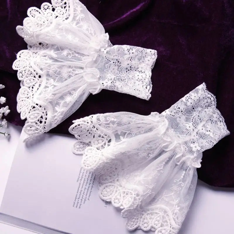 Lunivop  1pair Female Sweater Fake Sleeves Hollow Out Crochet Floral Lace Horn Cuffs Embroidery Flounces Ruffles Elastic Wrist Warmers
