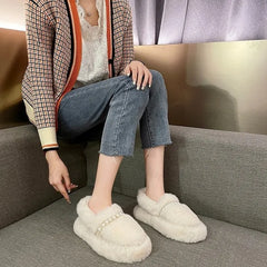 Lunivop New 2025 Women's Winter Thick Soled Cotton Shoes Fashion Pearl Beaded Warm Plush Thick Soled Loafers Fashion Slip Casual Shoes