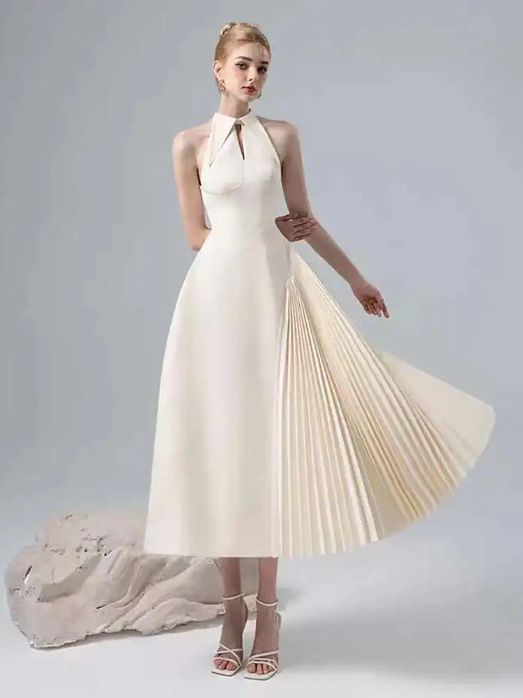 Lunivop Women Fashion Dress Lapel Hollow Out Sleeveless Patchwork Pleated Waist Asymmetric Elegant Dresses Summer New
