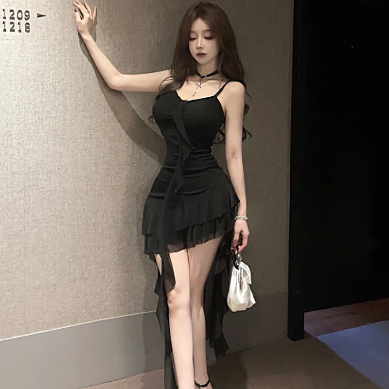 Lunivop  Black Patchwork Mesh Ruffled Sexy Club Dress Summer Pleated Bodycon Sling Dress Women Korean Vintage Hepburn Evening Dress