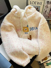 Lunivop Winter Faux Lamb Sweet Coat Women Cute Cartoon Embroidery Warm Jacket Casual Loose Long Sleeve Korean Fashion Hooded Tops