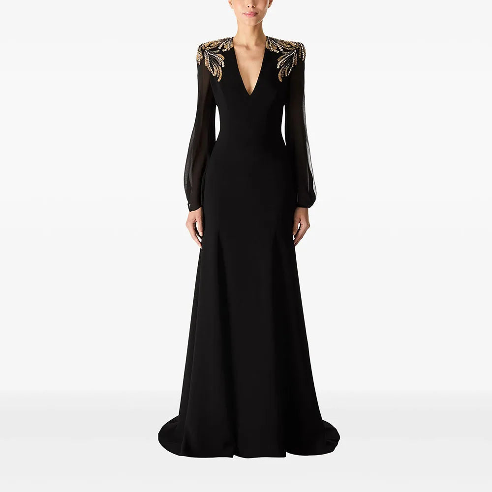 Lunivop  Black Jersey Evening Dress Crystal Long Sleeves Elegant Women's Long Dresses V-Neck Floor Length Evening Gowns