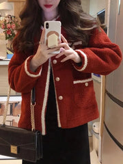Lunivop Red Faux Lamb Sweet Coat Women Korean Long Sleeve Winter Warm Jacket Vintage Casual O Neck Elegant Pearls Buttons Cute Tops