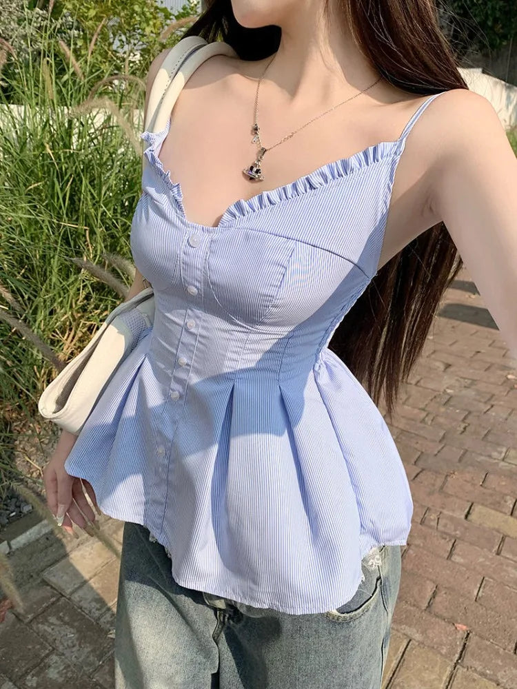 Lunivop  striped Camis Women Strapless Backless Slim Summer Fashion V Neck Ruffles Patchwork Female Crop Tank Tops Casual Party