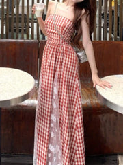Lunivop French Plaid Spliced Lace Strapless Dress Women's 2025 Spring Summer New Retro Waist Hugging Design Niche Long  Vestidos New